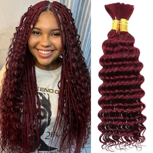 99J Burgundy Human Braiding Hair 16 Inch 100g Deep Wave Bundles for Knotless & Boho Braids