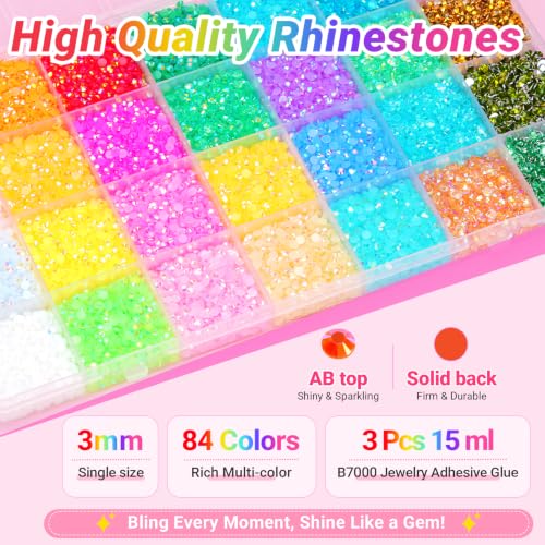84-Color Rhinestone Bedazzling Kit with Glue for Crafts & DIY Jewelry