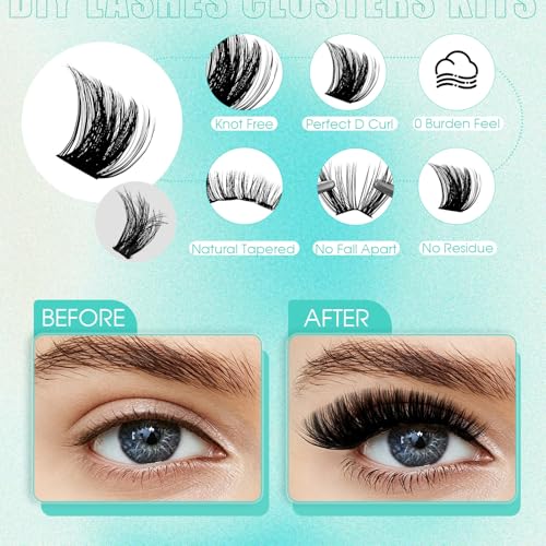 GEMERRY 728 Pcs Lash Clusters Kit with Long-lasting Bond, Tweezers & Remover - Black 100D-2 + 200D-2