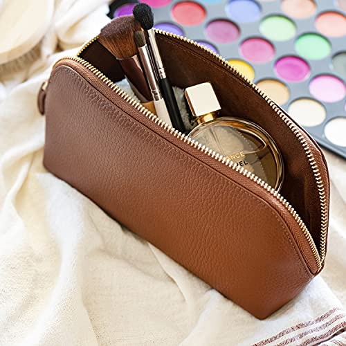 Leather Makeup Bag for Women - Travel Cosmetic Pouch, Clutch, Black