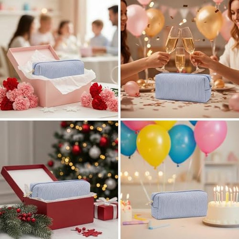 24 PACK Makeup Bags Bulk-Easter Gifts/Seersucker Bulk Cosmetic Bags/Bridesmaid Proposal Gifts/Makeup Pouch for Wedding Party Favors Birthday/Teacher/Mothers Day Gifts/Toiletry Travel Bags(24, Blue)