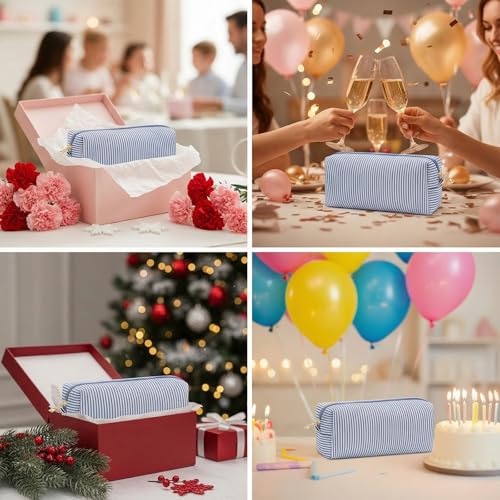 24 PACK Makeup Bags Bulk-Easter Gifts/Seersucker Bulk Cosmetic Bags/Bridesmaid Proposal Gifts/Makeup Pouch for Wedding Party Favors Birthday/Teacher/Mothers Day Gifts/Toiletry Travel Bags(24, Blue)