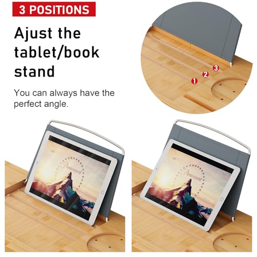 Bamboo Bathtub Caddy Tray Expandable for Luxury Bath, Bath Accessories & Table with Wine Glass Holder, Book Stand Bathroom Organizer with Extending Sides for Men/Women,Natural