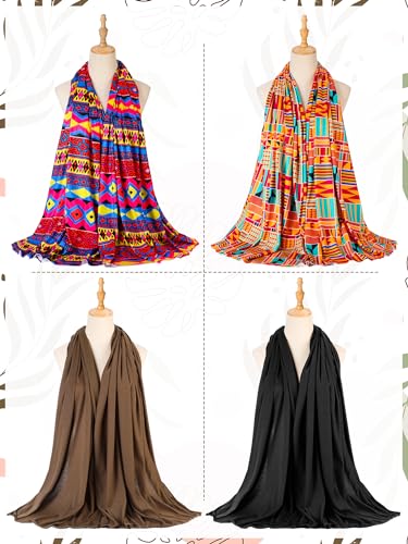 African Head Wraps for Women - 4 Pcs Lightweight Turban Scarves - Black & Printed Styles