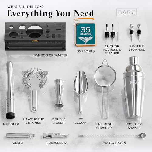 Mixology Bartender Kit with 24oz Silver/Black Cobbler Shaker & Recipe Cards
