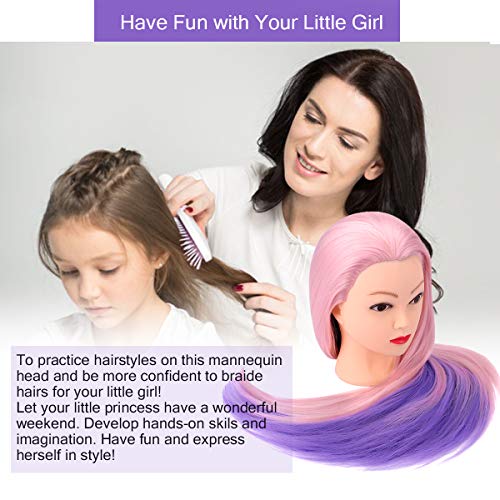 TopDirect 29" Mannequin Head with Hair,Doll Head for Cosmetology Hair Styling Training Head,Manikin Braiding Head With Clamp Holder and Styling Tools (Pink Purple)