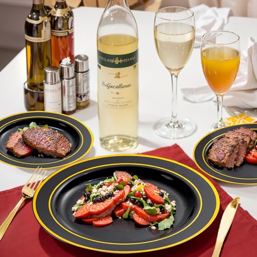 bUCLA Black & Gold Disposable Dinnerware Set 600pcs - Elegant Party Plates & Cutlery