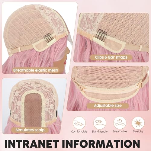 Pink Wavy Costume Wig for Women - 18-Inch Synthetic Hair, Halloween & Party Use - Pink