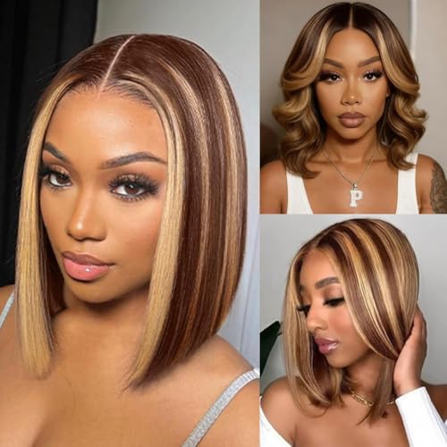 Highlight 4/27 Lace Front Bob Wig Human Hair 16 Inch Ombre Honey Blonde