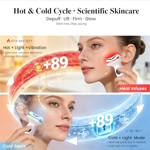 Cold Heat Facial Massager,7 Color Red Light Therapy Face Neck Lift Sculpt Device,Hot Electric Gua Sha Tool & Cooling Depuffing Wand,for Skin Care,Contouring,Firming