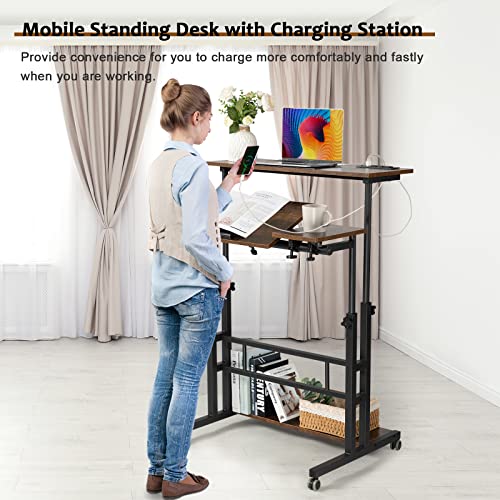 Hadulcet Adjustable Height Mobile Standing Desk with Charging Station - Rustic Brown, 31.5"