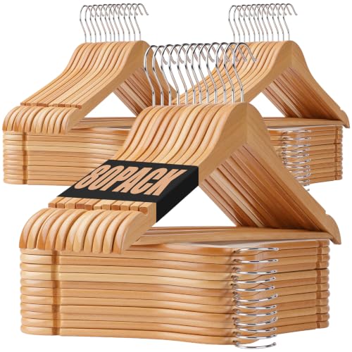 80 Pack Wooden Clothes Hangers - Natural Finish with Pant Bar & Notches, Heavy Duty & 360° Rotatable Hook