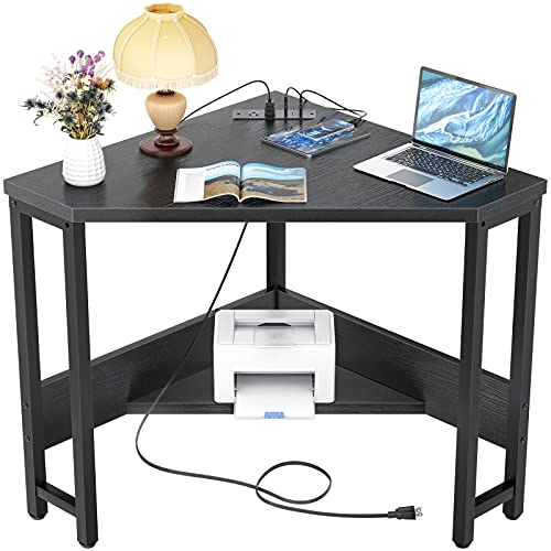 Black Corner Desk with Outlets and USB Ports - Small Space Triangle Table with Storage