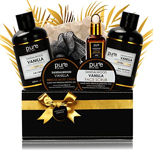 Pure Mens Bath and Body Gift Set. 7 Pc Natural Spa Gift Basket for Men. Spa Gift Set is #1 Ideal Gift for Men That Care about themselves!
