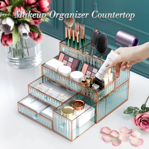 YD Youdepot Green Tempered Glass Makeup & Vanity Organizer for Cosmetics & Skincare