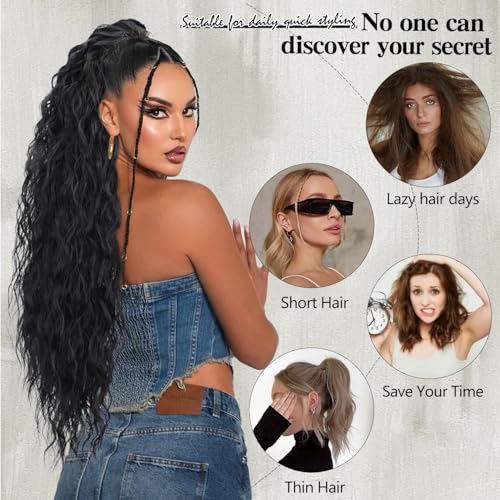 30 Inch Black Curly Ponytail Extension with Claw Clip - Long Wavy Hairpiece for Women