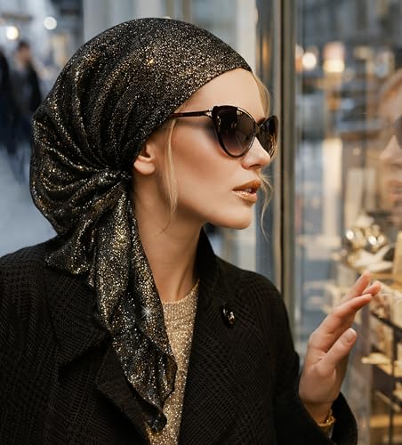 Black Gold Pre-Tied Knit Headscarf for Women Sparkle Collection Handmade ShariRose