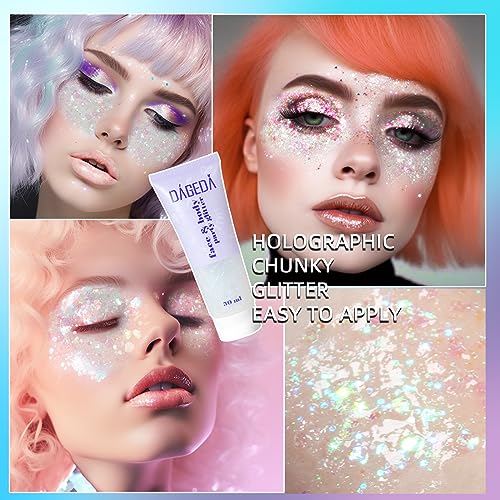 DAGEDA Body Glitter Gel, Face Glitter Body Gel Sequins Shimmer Liquid Eyeshadow, Chunky Glitter for Face Hair Nails, Holographic Cosmetic Laser Powder Festival Glitter Makeup 50ml(White)