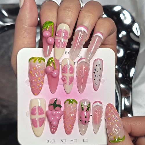 Long Almond Press On Nails with 3D Strawberry Fruit Design - Reusable Fake Nails Kit - Strawberry Feast Variation