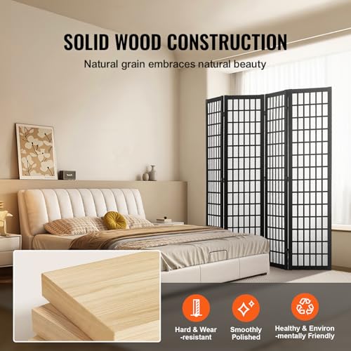 VEVOR 4 Panel Black Wooden Room Divider, Japanese Style Folding Privacy Screen for Home Office Bedroom
