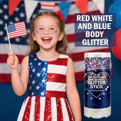 Patriotic Red White and Blue Body Glitter Stick, 4th of July Outfits for Women Kids, 4th of July Accessories,Hair Body Face Glitter Makeup, USA Flag Chunky Sequins Glitter for Independence Day
