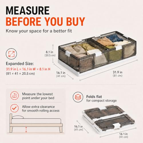 2-Pack Under Bed Storage Containers with Wheels - Foldable Plastic Boxes with Lids, 31.9x16.1x8.1 Inches