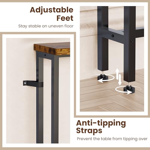 102 Inch Narrow Sofa Table with Power Outlets - Rustic Brown, Extra Long Console Behind Couch