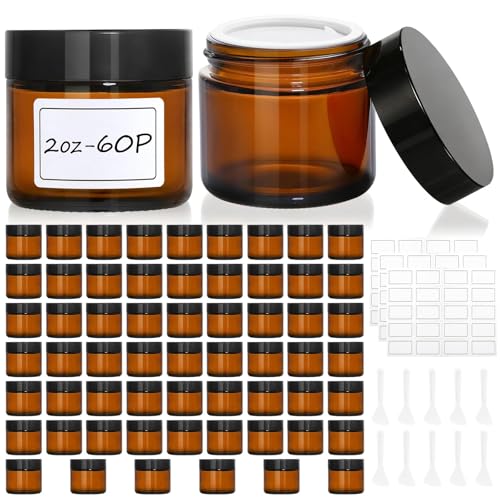 Amber Glass Jars with Lids Set - 60 Pcs 2oz Storage Jars with Labels & Spatulas - Amber