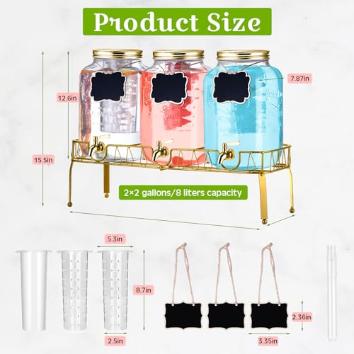 Glass Drink Dispenser with Stand and Lid - 2 Gallon Capacity - Gold - Set of 3