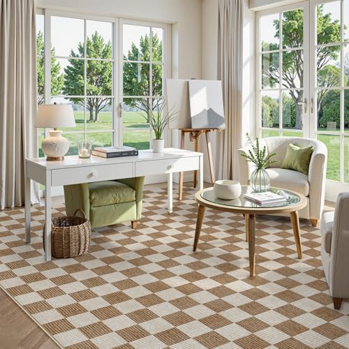 9x12 Checkered Washable Area Rug - Brown Non-Slip Living Room Carpet