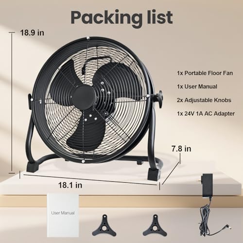 14-Inch Battery Operated Metal Floor Fan for Dewalt 20V Max - Portable Jobsite Fan with AC Adapter, 1500 CFM, Variable Speed, Tilt & Hanging Hook