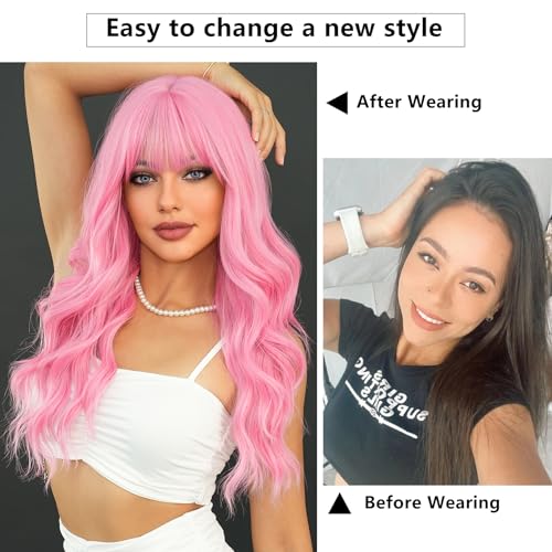 Long Wavy Pink Wig 24in Synthetic Heat-Resistant Curly Wig with Bangs for Women Girls - Light Pink, Variation of 24in / Light Pink
