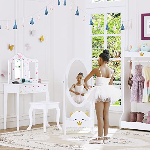 Kids Full Length Floor Mirror with Crown Design, Adjustable Angle & Storage