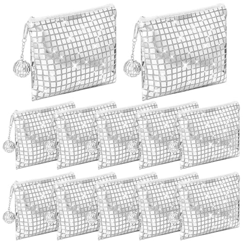 12 Pack Disco Makeup Bags Pop Star Party Favors Portable Glitter Sequin Mirror Cosmetic Organizer with Zipper, Suit for Bachelorette New Years Eve 70s, 80s, 90s Disco Party Favor (Silver)