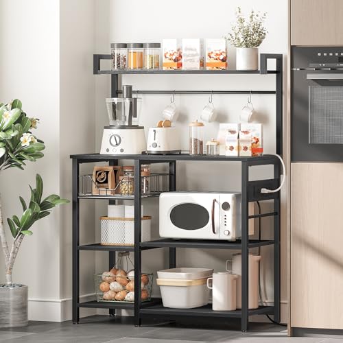 HOOBRO Black Bakers Rack with Power Outlets, Coffee Bar & Mesh Basket