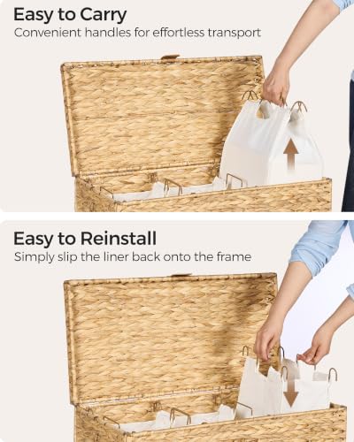 Water Hyacinth Laundry Hamper - 130L 3-Section Woven Storage Basket with Lid - Natural