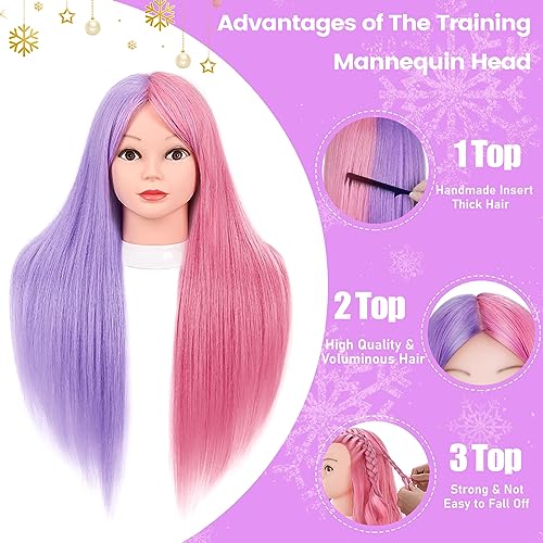 Colorful 26-Inch Mannequin Head with 70% Real Human Hair for Hair Styling Practice - Purple & Pink