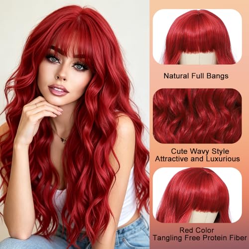 Red Wavy Curly Wig with Bangs - 26 Inch Long Synthetic Hair for Women - Variation of THIS listing