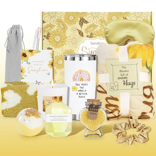 Xmas Sending Sunshine Gifts for Women, Sending Sunflower Gifts for Mom, 13 Pcs Spa Gifts for Women, Birthday Gift Sets, Gifts for her, Unique Holiday Gifts Basket for, Girlfriend, Sister, Mom, Wife