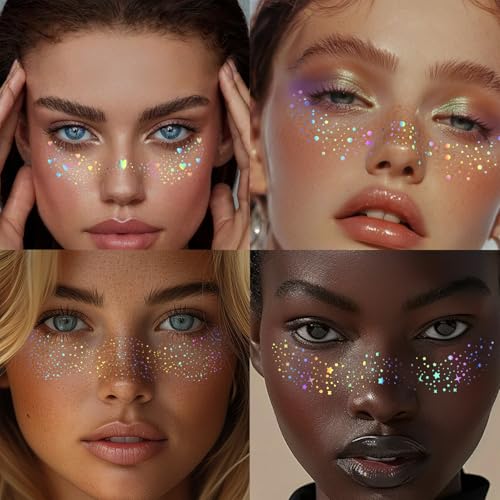 24 pcs Holographic Multichrome Glitter Freckles Face Tattoo, Waterproof Sparkle Face Glitter Speckles Patches for Women, Cute Star Glitter Temporary Tattoo Makeup Accessories for Festival Rave