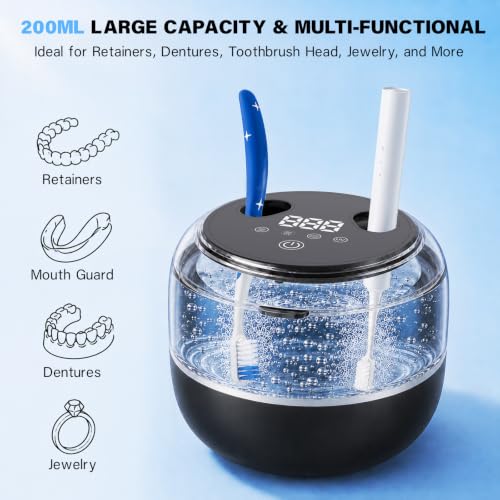 Black Ultrasonic Cleaner Machine 200ml for Retainers Dentures U/V Light 4 Modes