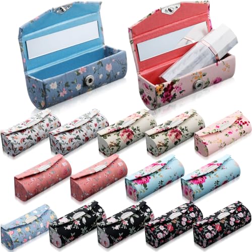16 Pcs Operation Christmas Items Bulk Lipstick Case with Mirror Ladies Floral Portable Lipstick Case Cosmetic Storage Kit Makeup Travel Cases Organizer Bag for Christmas Bags Stuffers