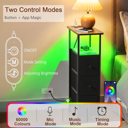 Narrow End Table with Charging Station & LED Light - Black, Set of 2