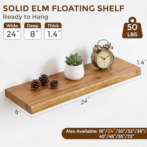 Natural Live Edge Floating Shelves Set of 2 - 24 Inch Rustic Elm Wall Shelves