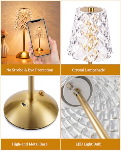 Nusogon Rechargeable Cordless Crystal Table Lamp - Gold-Diamond Touch Control