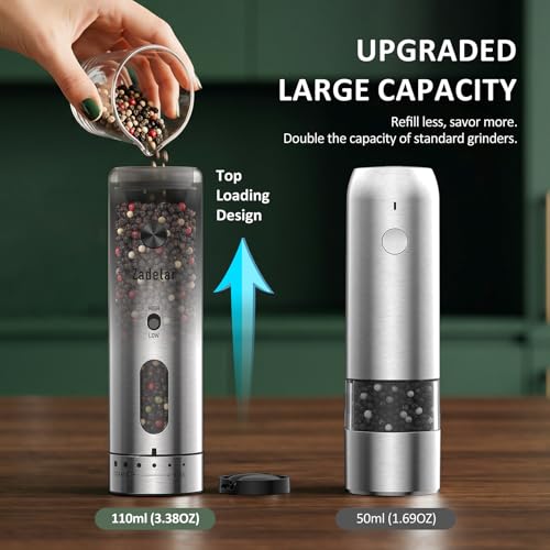 Rechargeable Salt and Pepper Grinder Set - Variable Speed Silver with 6-Level Visible Coarseness Adjustment