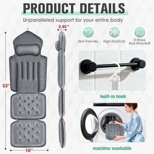 Full Body Bath Pillow with 192 Suction Cups - Luxury Thick Tub Cushion in Dark Gray