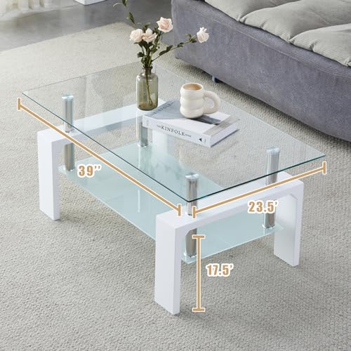 Kebynti White Rectangular Glass Coffee Table - Modern Living Room Furniture