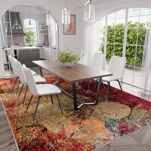8x10 ft Modern Abstract Washable Area Rug - Non-Slip Backing, Short Pile, Red & Orange