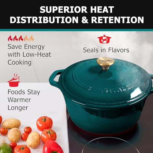 7.5 Qt Enameled Cast Iron Dutch Oven - Heavy-Duty Braiser with Lid, Emerald